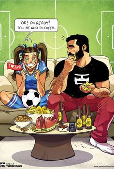 a man and woman sitting on a couch with food in front of them, one is eating