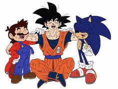 three cartoon characters sitting next to each other with their arms around one another and two sonic the hedgehogs standing behind them