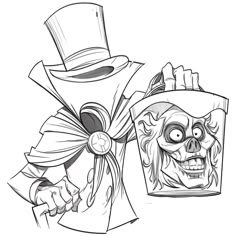 a drawing of a clown holding a bag with a skull on it's face