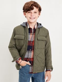 built-in hood long sleeves full length zipper on-seam pockets flap patch pockets at chest rounded hem relaxed fit hits below waist model is approx.  5’ and wears size m (8)machine wash according to the care instruction label Hooded Shacket, Navy Quilt, Boys Coat, Toddler Boys, Kids Boys, Boy's Clothing, Old Navy, Full Length