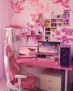 a pink desk and chair in a room