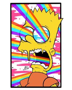 the simpsons character has his mouth open and tongue out with rainbow paint splatters in the background