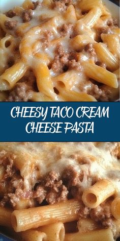 two pictures of cheesy taco cream pasta with ground beef and cheese on top