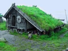 an old shack with grass on the roof