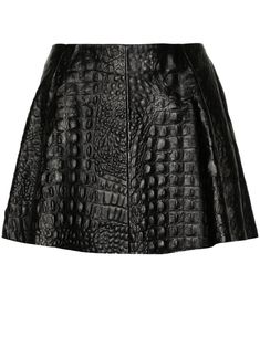 black leather embossed crocodile effect panelled design pleat detailing no lining straight hem thigh-length side zip fastening Luxury Black Leather Skirt, Luxury Leather Mini Skirt, Luxury Black Mini Skirt, Luxury Mini Skirt, Luxury Leather Skirt, Fashion Portfolio, City Dress, Straight Skirt, Pleated Mini Skirt