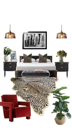 a bedroom with leopard print rugs and red chairs