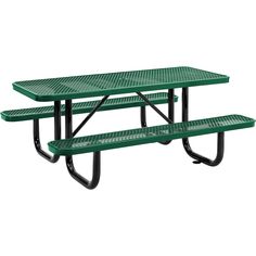 two green picnic tables sitting next to each other on top of metal bases and black legs