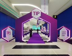 the entrance to an airport terminal with purple and white decorations on it's walls