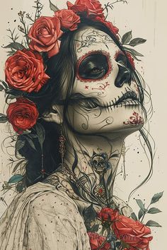 a drawing of a woman with flowers in her hair and skull make up on her face