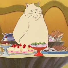 a cartoon cat sitting at a table with food and drinks on it, while another cat sits in the background