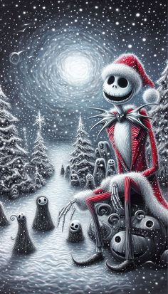 a painting of a skeleton sitting on top of a pile of skulls in the snow