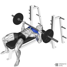 a man doing a bench press with a barbell in front of his chest and back