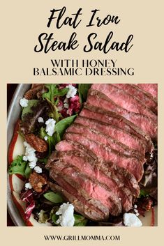 steak salad with honey balsamic dressing and feta cheese on top is featured in this post