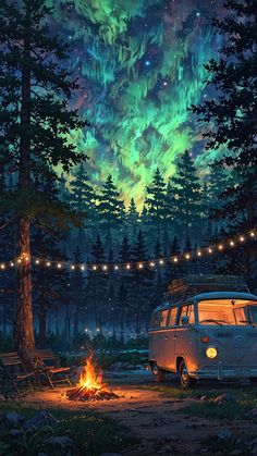 a van is parked in front of a campfire under the northern lights