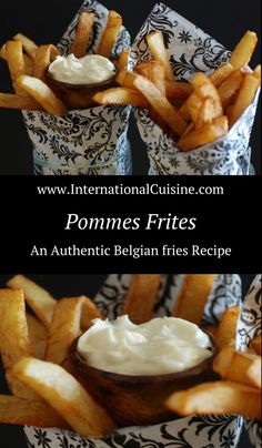 french fries with cream cheese on them and the words pommes frites