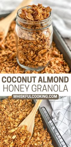 homemade coconut almond honey granola in a glass jar