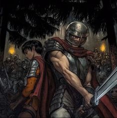 an image of a man holding two swords in front of other men with helmets on