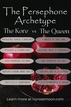 an advertisement for the persephone archetye and the kore vs the queen