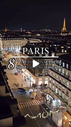 an aerial view of the eiffel tower in paris, france at night time