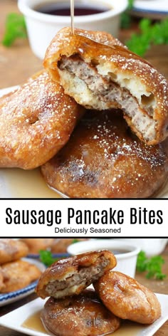 A double collage photo of pancake sausage bites on a white plate. with the title of the recipe in the center of the photo. Sausage Pancake Bites, Pancake Sausage, Sausage Bites, Sausage Patties, Pancake Bites, Pancake Batter, Best Breakfast Recipes, Breakfast Recipes Casserole