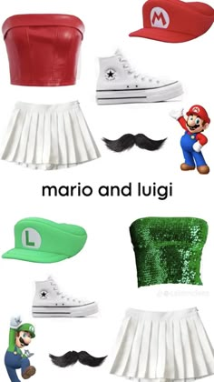 mario and luigi costumes are featured in this image with the words mario and luigi above them