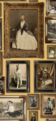 an old fashion photo with many pictures on the wall