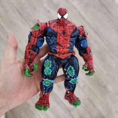 a hand is holding a toy spider man