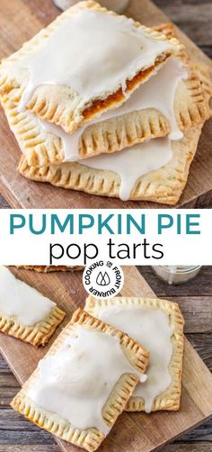 pumpkin pie pop tarts with white icing on top and in the middle, sitting on a cutting board