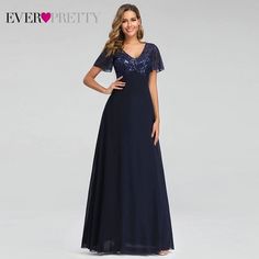 Evening Dresses Elegant Navy Blue Chiffon Lace Embroidery Party Gowns Short Sleeve Chiffon Maxi Dress For Banquet, Chiffon Maxi Dress With Short Sleeves For Banquets, Blue V-neck Mother Of The Bride Dress For Banquet, Chiffon Floor-length Party Dress, Summer Party Chiffon Mother Of The Bride Dress, Chiffon Maxi Dress For Party Season, Banquet Chiffon Maxi Dress For Party Season, Floor-length Chiffon Party Gown, Blue Chiffon Bridesmaid Dress For Evening