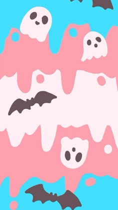 an image of halloween bats and skulls on a pink background with blue sky in the background