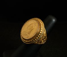 Classic coin ring. If the customer delivers their coin, the price will change. Since each time, according to the order, the ring is made from zero, it can be personalized. The coin is ½ sovereign. Ring is 30mm diameter. Weight 31g without a coin. Diamonds quality VS2 - 0.4Ct Sizes from 9 (18.9мм) to 13 (22.4mm). 14k Gold Coin Shaped Anniversary Rings, Heirloom Coin Shaped Hallmarked Rings, 14k Stamped Yellow Gold Coin Ring, Gold Coin-shaped Anniversary Ring, Gold Coin-shaped Ring For Anniversary, Ceremonial Yellow Gold Coin Jewelry, Vintage 14k Gold Coin Ring, Yellow Gold Coin-shaped Hallmarked Rings, 14k Gold Coin-shaped Rings