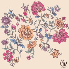 a drawing of flowers and leaves on a beige background with the letter q in the middle