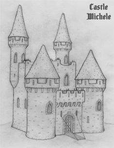 a drawing of a castle with two towers and one door in the middle, on top of