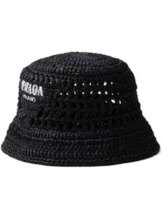 black interwoven design cut-out detailing flat crown curved narrow brim pull-on style unlined Raffia Bucket Hat, Prada Hat, Fabric Bucket, Streetwear Inspiration, Prada Women, Raffia Hat, Crochet Bucket, Bucket Hat Black, Crochet Bucket Hat