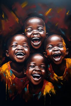 an oil painting of four laughing children