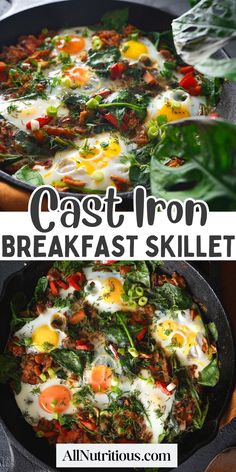 an iron skillet filled with eggs, spinach and other ingredients to make breakfast skillets