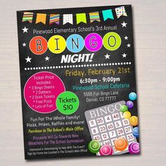 a flyer for a school's birthday party with a chalkboard background and colorful graphics