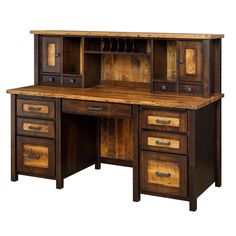 a wooden desk with drawers and cupboards