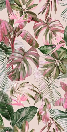 pink and green tropical leaves on a beige background with white text that says,'i love