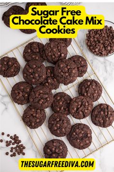 chocolate cookies cooling on a rack with the words sugar free chocolate cake mix in front