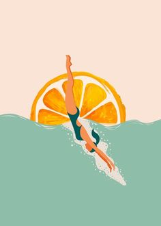 a woman riding a surfboard on top of a wave next to an orange slice