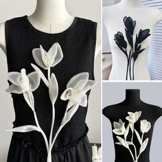 three different images of white flowers on black and white mannequins, one is wearing a dress