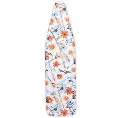 an orange and blue tie with flowers on the bottom is laying flat against a white background