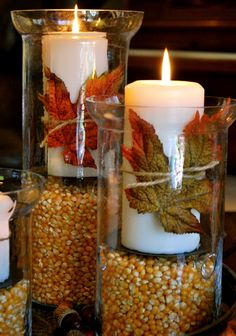 three candles with autumn leaves on them are sitting in clear glass vases filled with corn