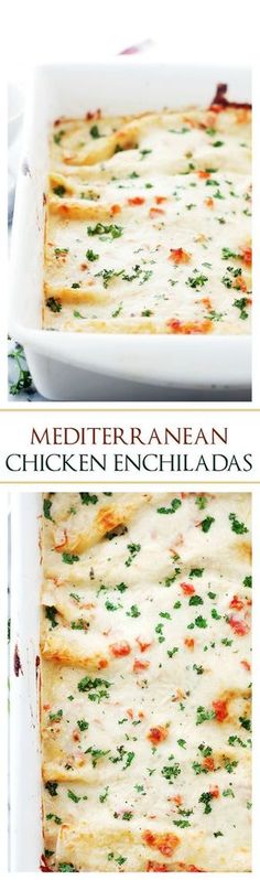 two pictures of chicken enchiladas in a white casserole dish with melted cheese and parsley