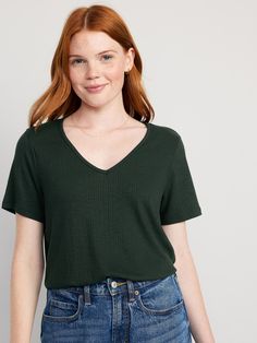 v-neck short sleeves relaxed fit hits below waist models are approx.  5'9" and wear sizes s (4), l (12), and xl (18)machine wash according to the care instruction label Dark Green Top, Above Elbow, Pajamas Gift, Soft Autumn, Green Top, Navy Green, Knitted Tshirt, Old Navy Women, Fashion Baby