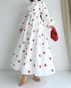 Fruit Print Fashion, Long Frock Designs, Mode Kimono, Retro Skirt, A Line Maxi Dress, Cherry Dress, Long Sleeve Wrap Dress, Wrap Around Dress