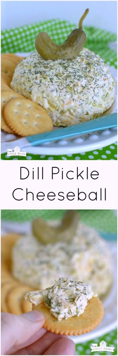 two pictures of dip pickle cheeseball on crackers