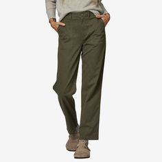 Designed for everyday wear and versatility, the Women’s Utility Pants are built with comfy yet durable 68% organic cotton/30% TENCEL™ lyocell/2% spandex comfort stretch twill. Two deep pockets in front and two patch pockets in back keep your essentials handy when you’re on the go. Inseam length is 30. Made in a Fair Trade Certified™ factory. | Patagonia Women's Utility Pants in Burnished Red, Size 10 - Casual Pants - Organic Cotton/Spandex/Tencel Lyocell Brown Utility Pants Outfit, Patagonia Pants Woman, Casual Patagonia Pants With Pockets, Patagonia Corduroy Pants, Winter Pants Women, Women’s Patagonia, Explorer Style, Green Non-stretch Cotton Cargo Pants, Patagonia Pants