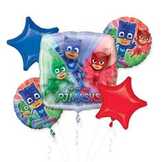 the balloon bouquet features pj masks and starfish balloons, along with foil stars